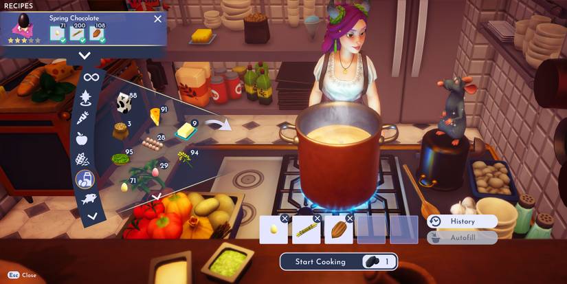 Preparing the Spring Chocolate recipe in Disney Dreamlight Valley.