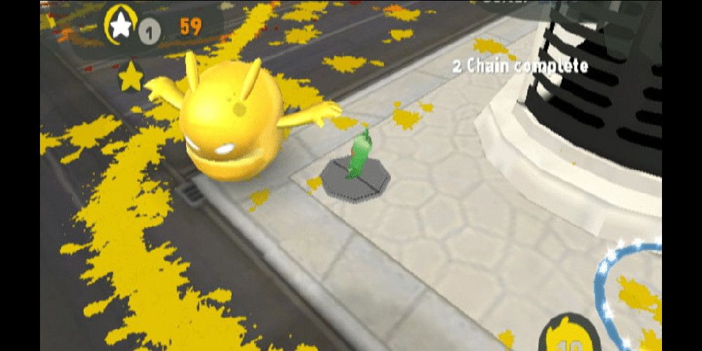 De Blob, in yellow, leaving a yellow paint trail behind. Image source: IGDB.com