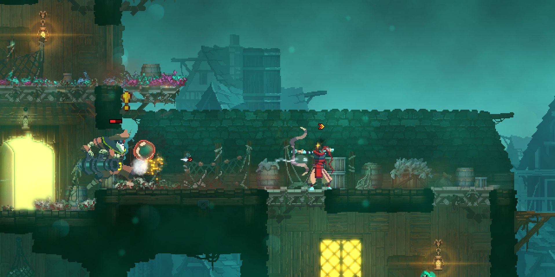 A player holding a bow and arrow about to shoot an enemy in Dead Cells