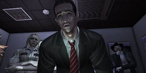 Upward shot of Agent Morgan in Deadly Premonition