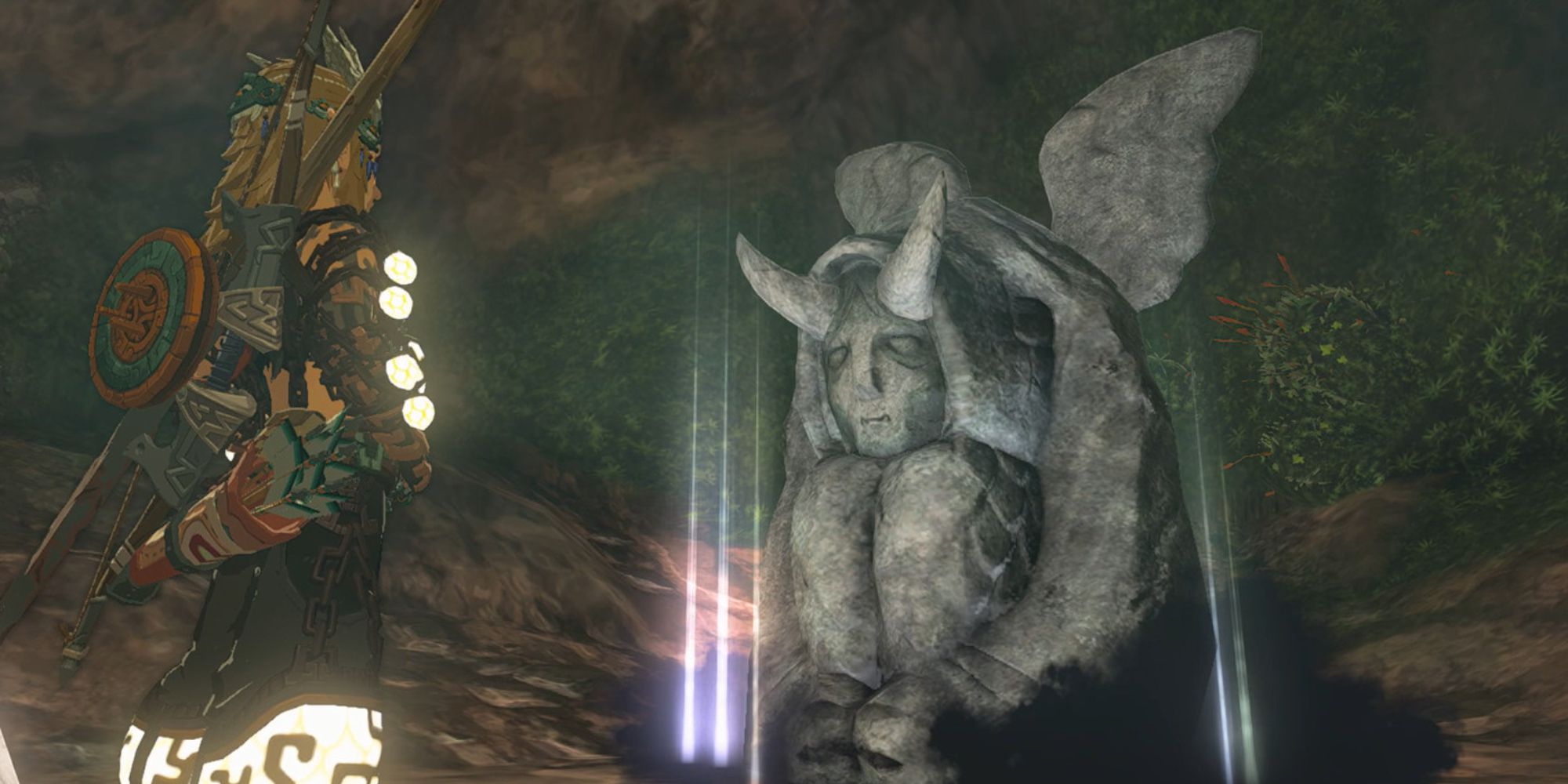 Link looking at a glowing horned statue