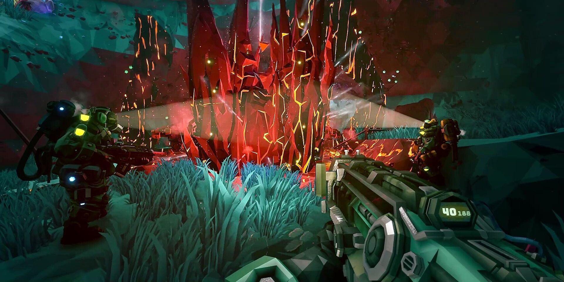Glowing red materials that three dwarves with gear are staring at. Shown from a first-person perspective in Deep Rock Galactic.