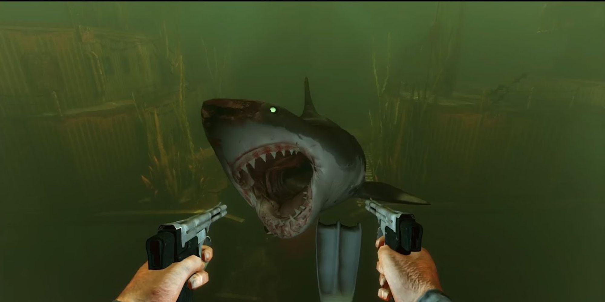 There's a big giant shark hurtling towards the player.