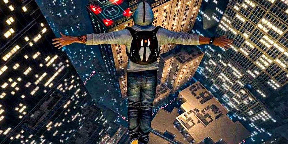 Protagonist Desmond Miles jumping off the top of a skyscraper towards a bustling city below
