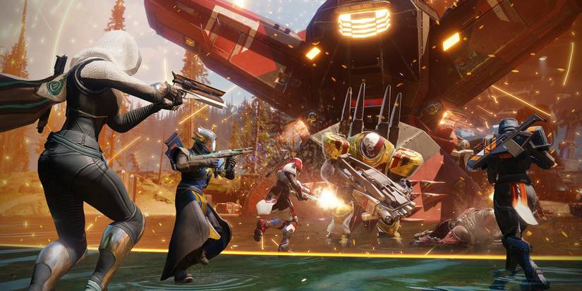 Four characters holding guns walking towards a giant enemy who is also wielding a gun in Destiny 2