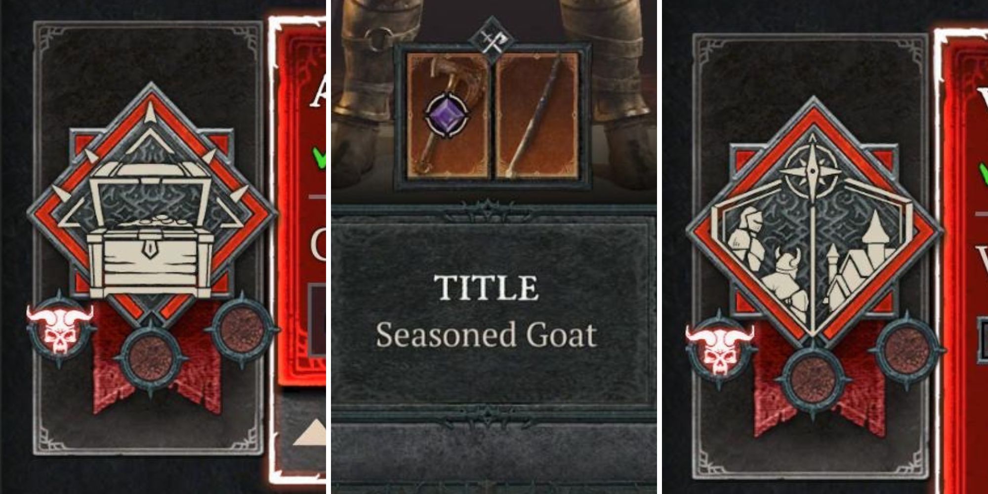 A grid of images showing the challenge symbols and the title Seasoned Goat in Diablo 4