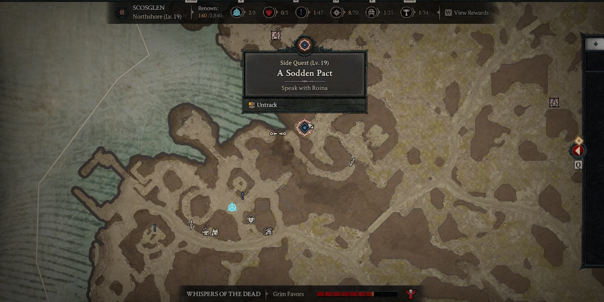 Roina's location in the Sodden Pact quest in Diablo 4