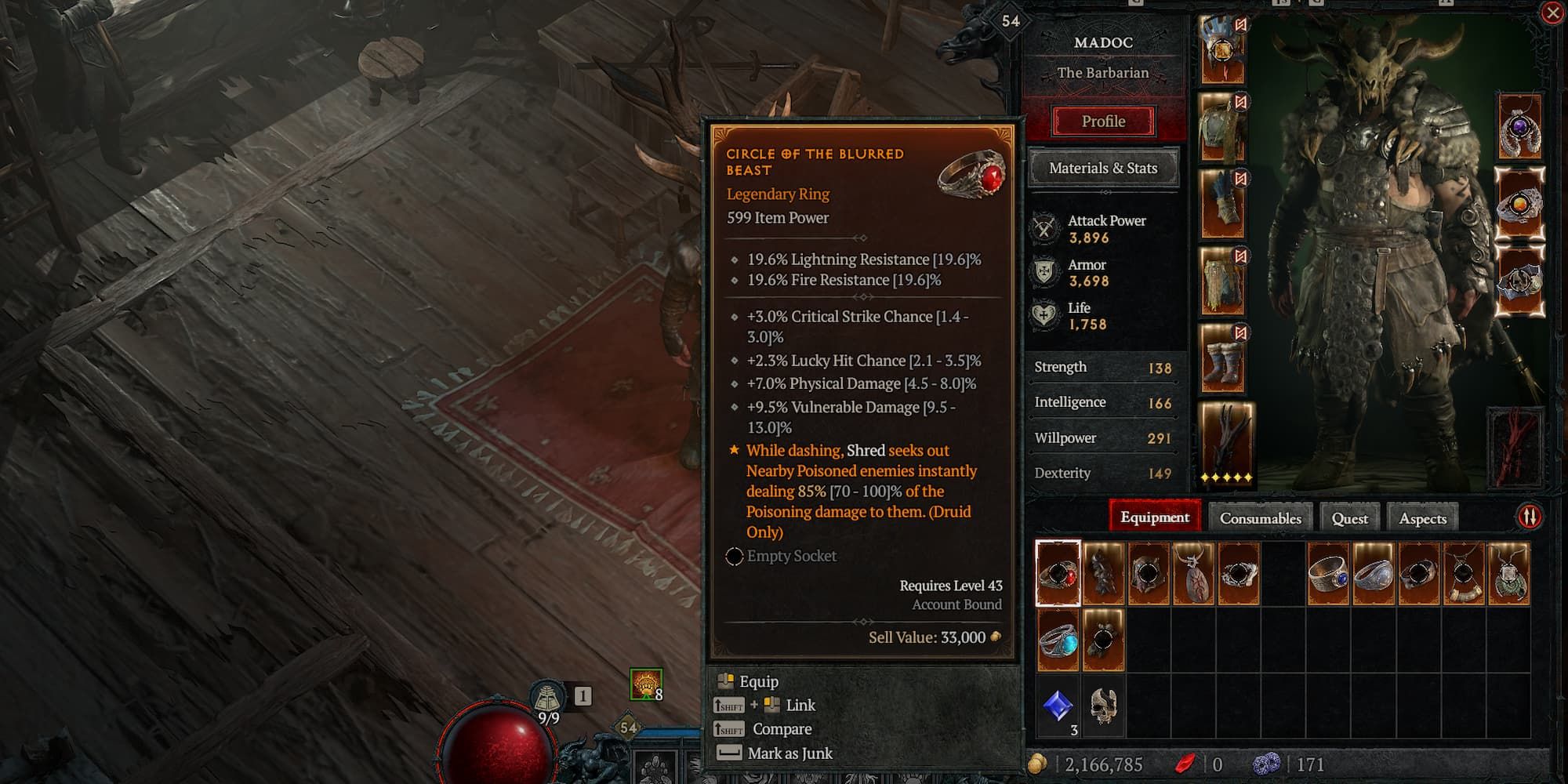 Aspect of the Blurred Beast on a ring in Diablo 4