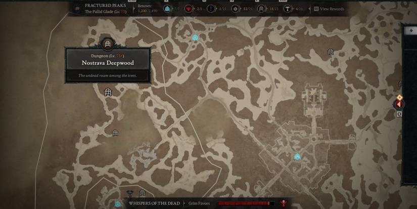 The Nostrava Deepwood dungeon's location in Diablo 4 