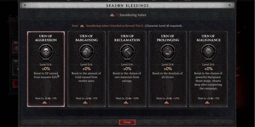 Diablo 4 Season of the Malignant Seasonal Bonuses Journey Screen Smouldering Ashes