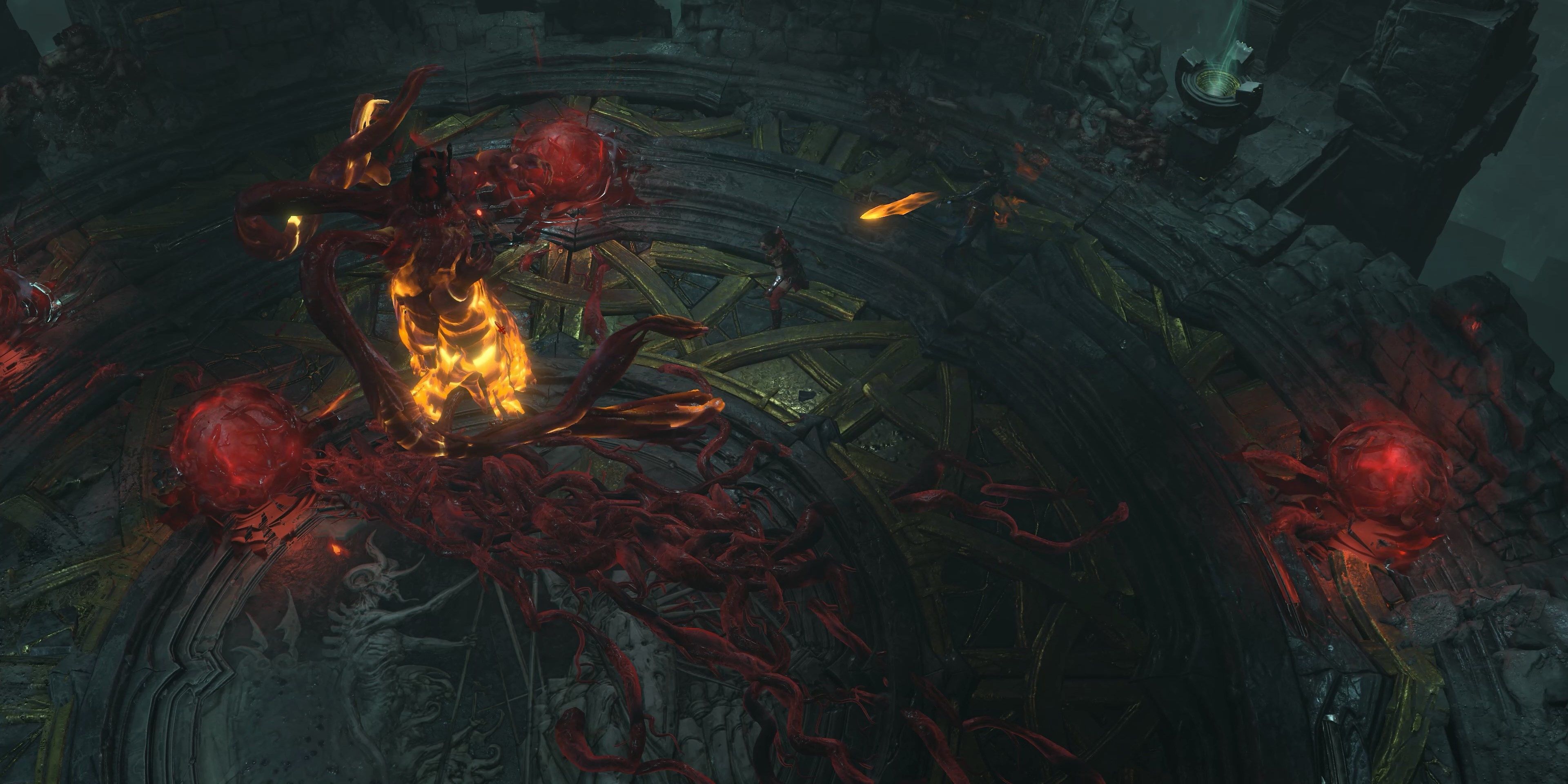 Two players attacking at a red glowing fiery enemy in Diablo 4