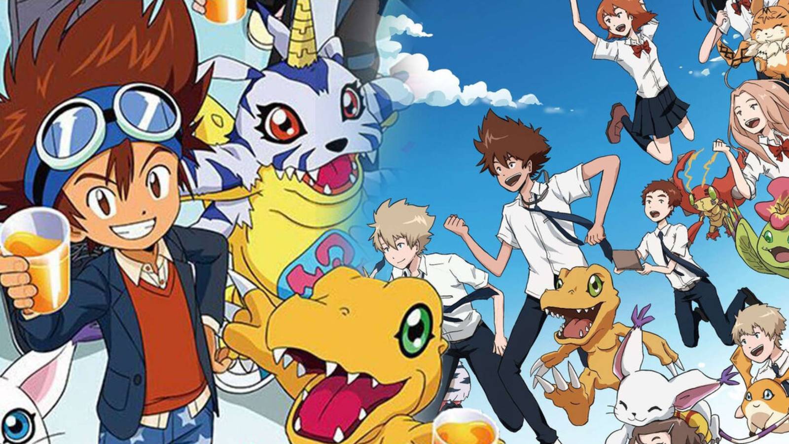 Digimon characters all smiling and flying