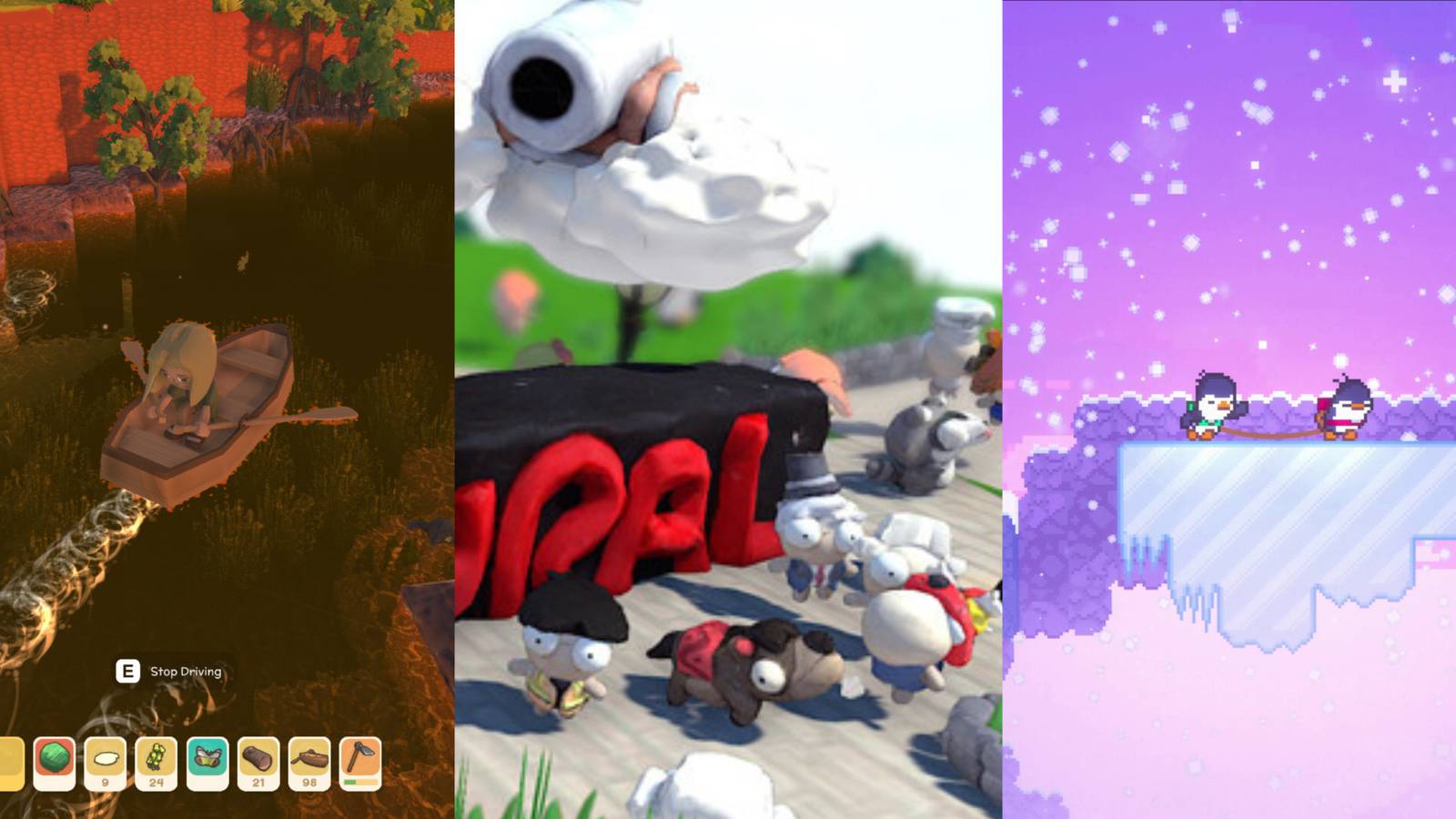 A collage featuring gameplay from Dinkum, Bread and Fred, Just Act Natural