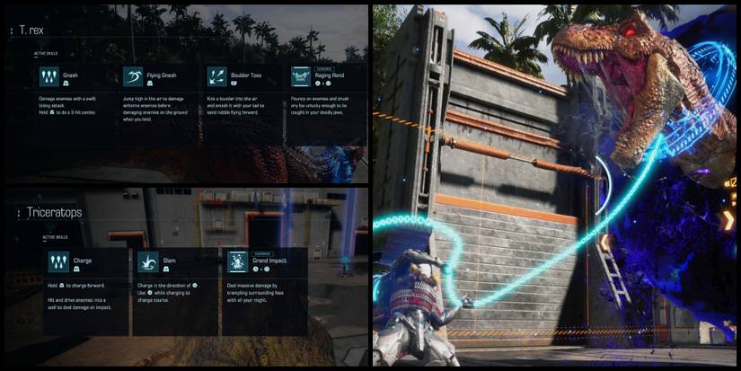 The list of abilities for the T. rex and Triceratops dinosaurs in Exoprimal