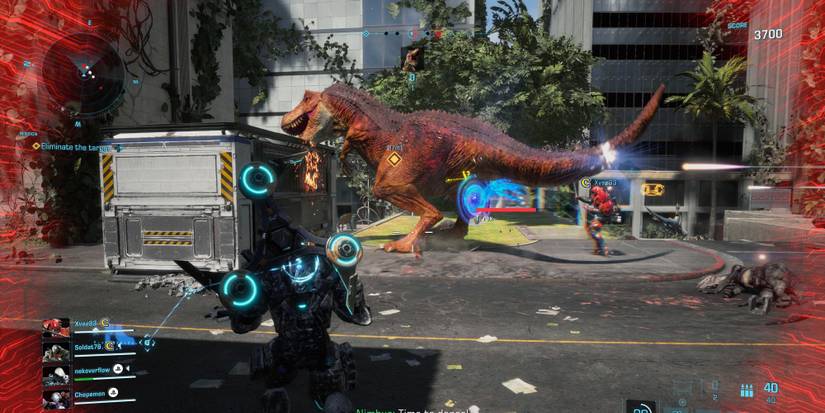 An in-game image of the Dinosaur Pursuit war game from Exoprimal