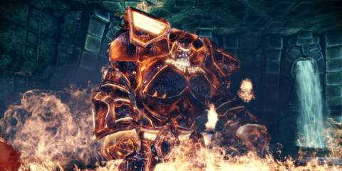 A large golem in fire in Dragon Age Origins