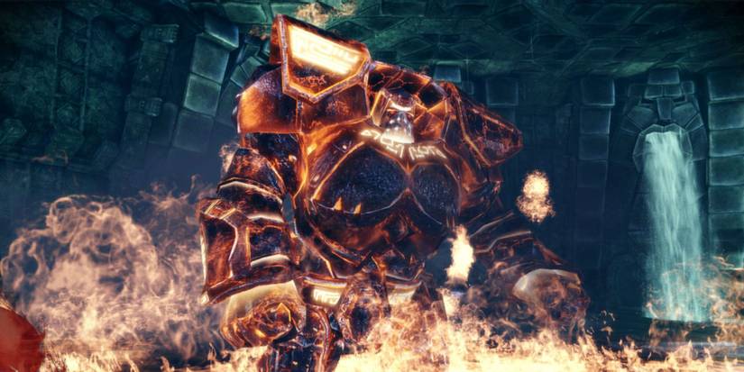 A large golem in fire in Dragon Age Origins