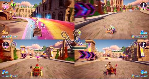 A split-screen image of gameplay from DreamWorks All-Star Kart Racing featuring various Shrek characters racing through Far Far Away.