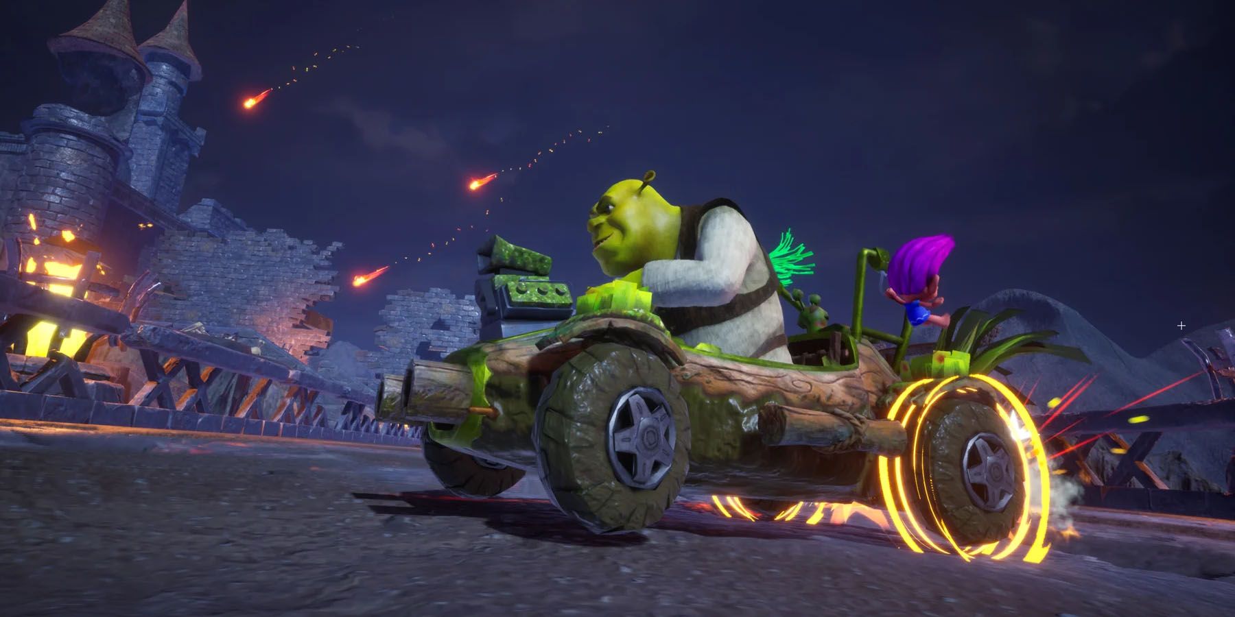 A screenshot of Shrek racing through a dark track in DreamWorks All-Star Kart Racing.