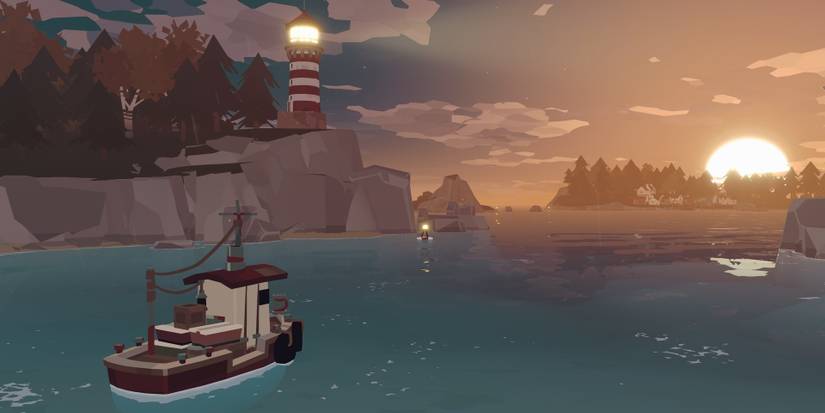 A boat facing the sunset as a lighthouse flashes in the background in Dredge