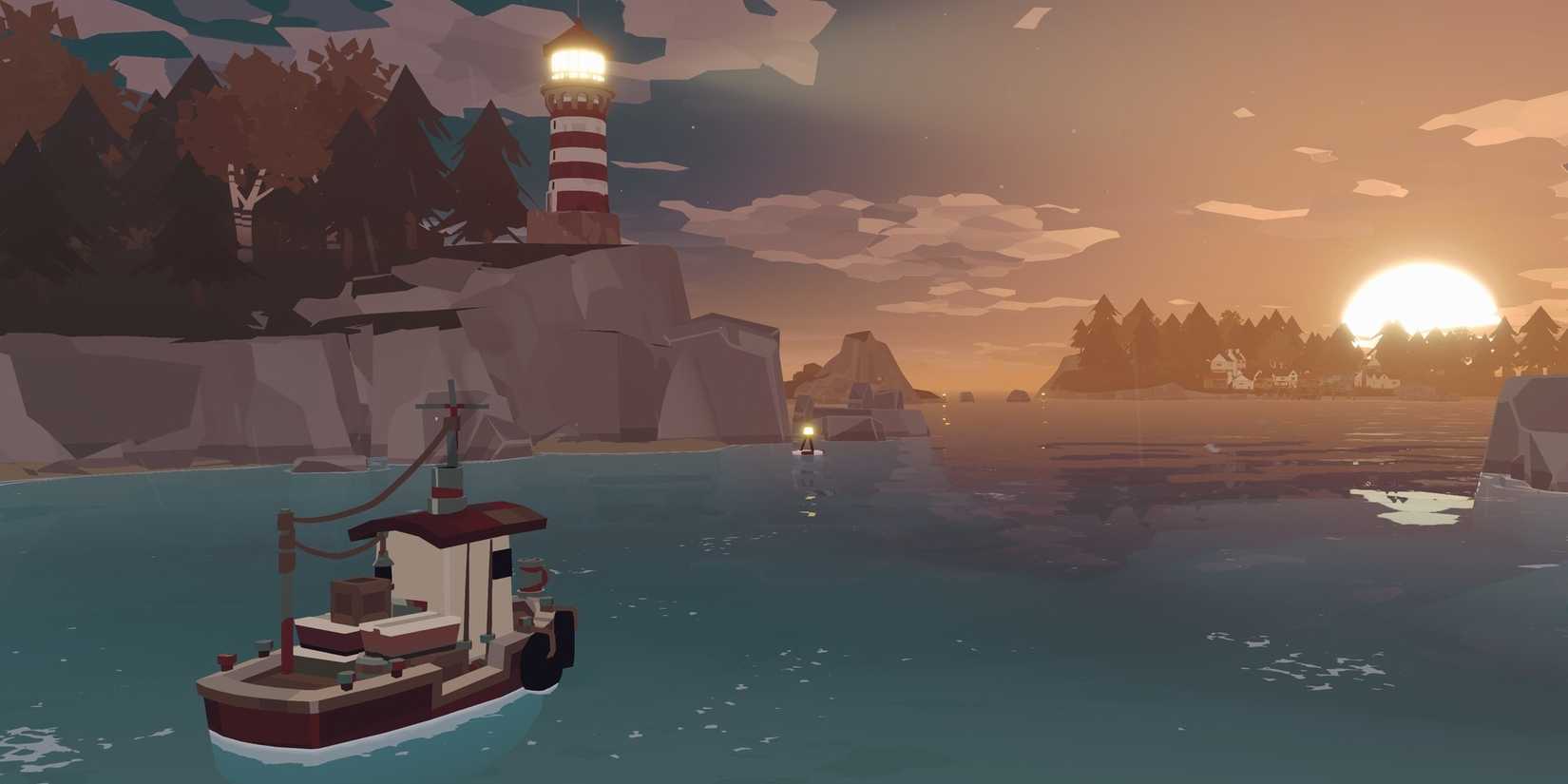 A boat facing the sunset as a lighthouse flashes in the background in Dredge