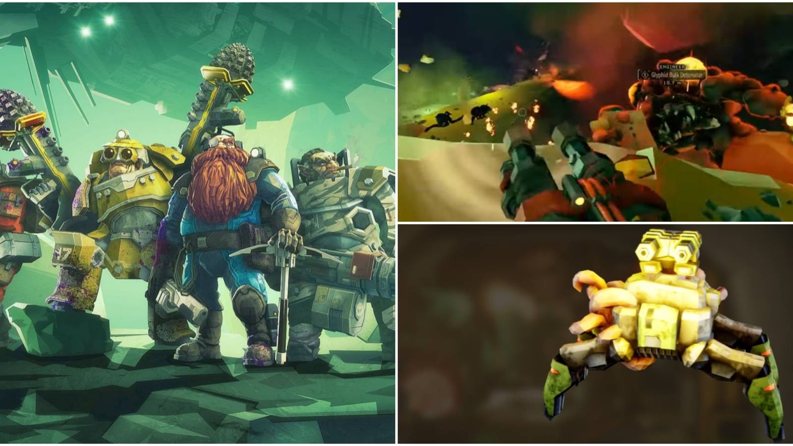 Deep Rock Galactic promo art featuring all four dwarf classes (left), Gunner fighting Glyphid Bulk Detonator in a sandy cave (top right), BET-C bestiary art (bottom right)