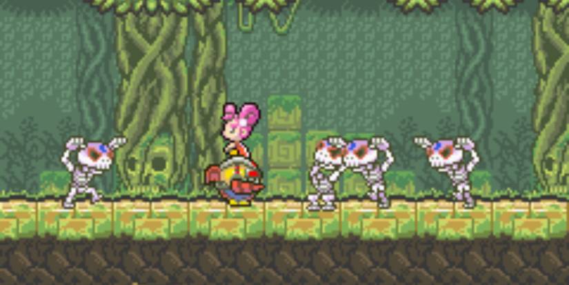 Jill atop her Drill Dozer facing skeletons