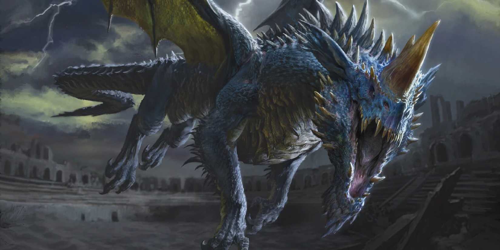 The blue dragon Iymrith flying amidst a lightening storm.