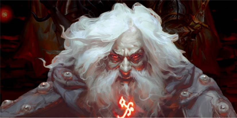 Close up of the mad mage of the dungeon, casting a spell that creates a red run before him. He is garbed in a cloak containing many eyeballs.