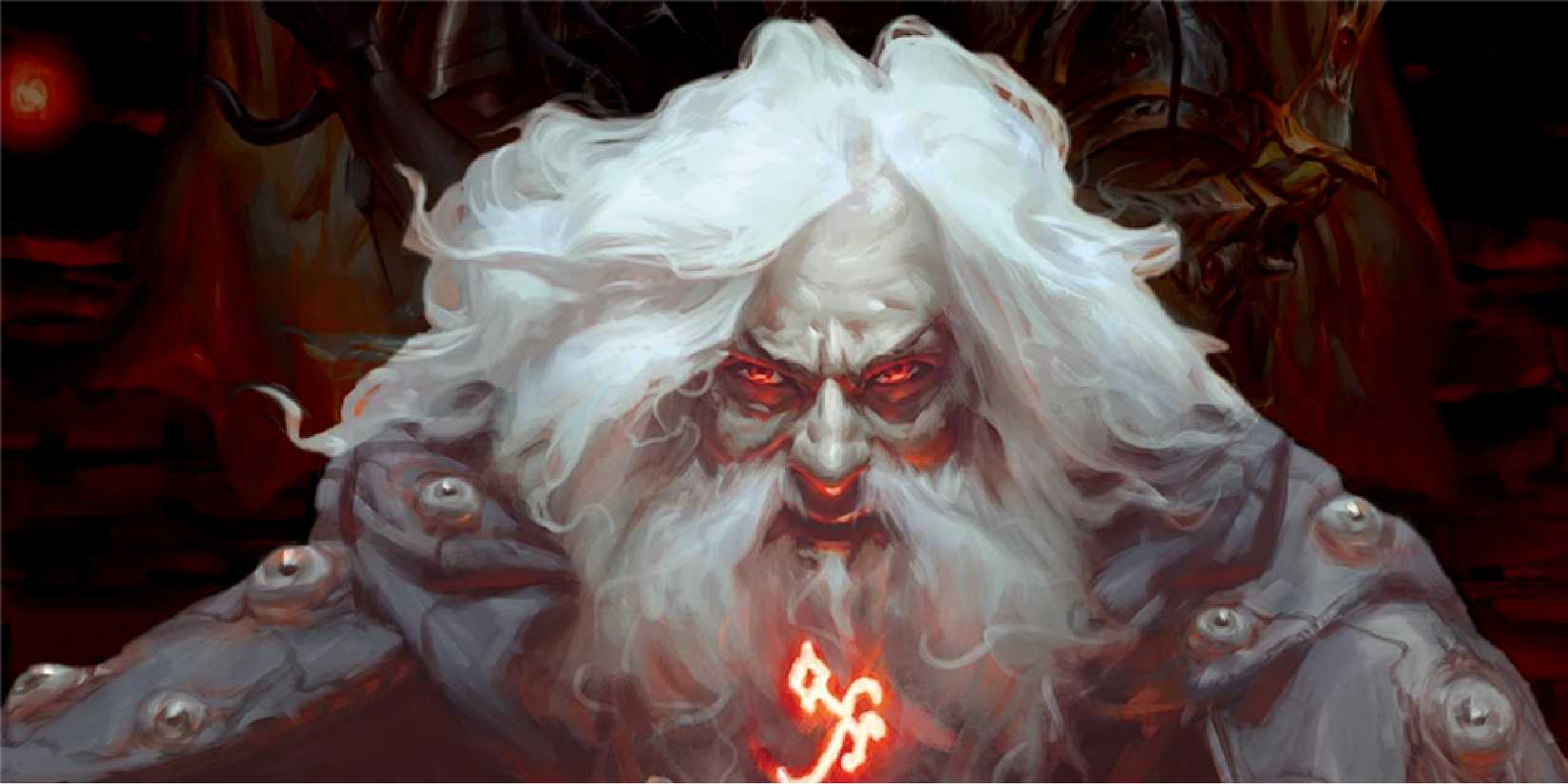 Close up of the mad mage of the dungeon, casting a spell that creates a red run before him. He is garbed in a cloak containing many eyeballs.