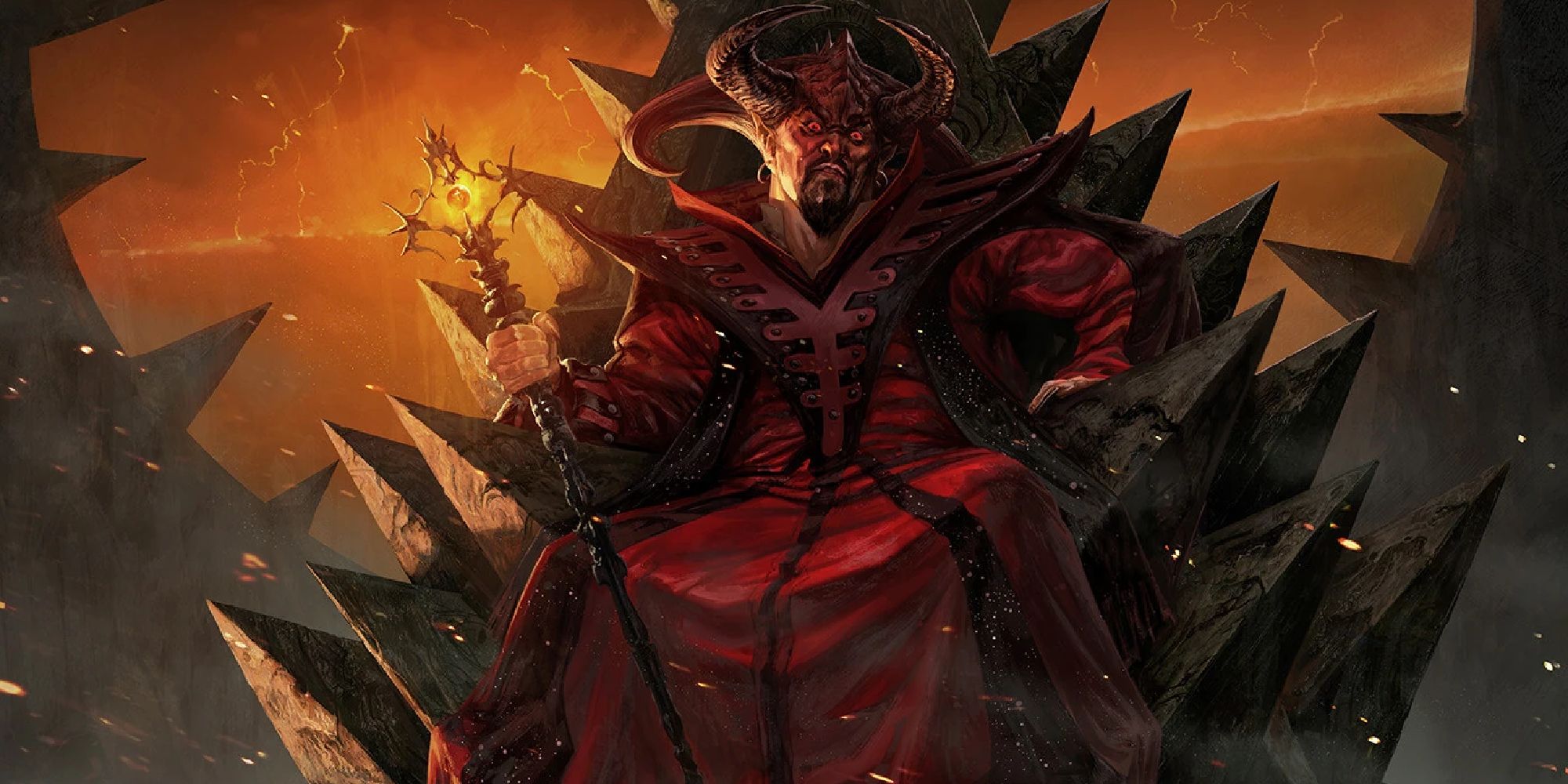 Asmodeus sitting on a throne of sharp stones, clutching a fiery scepter in one hand. 
