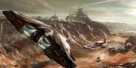 A spaceship cruising down on what looks like a desert-like planet.