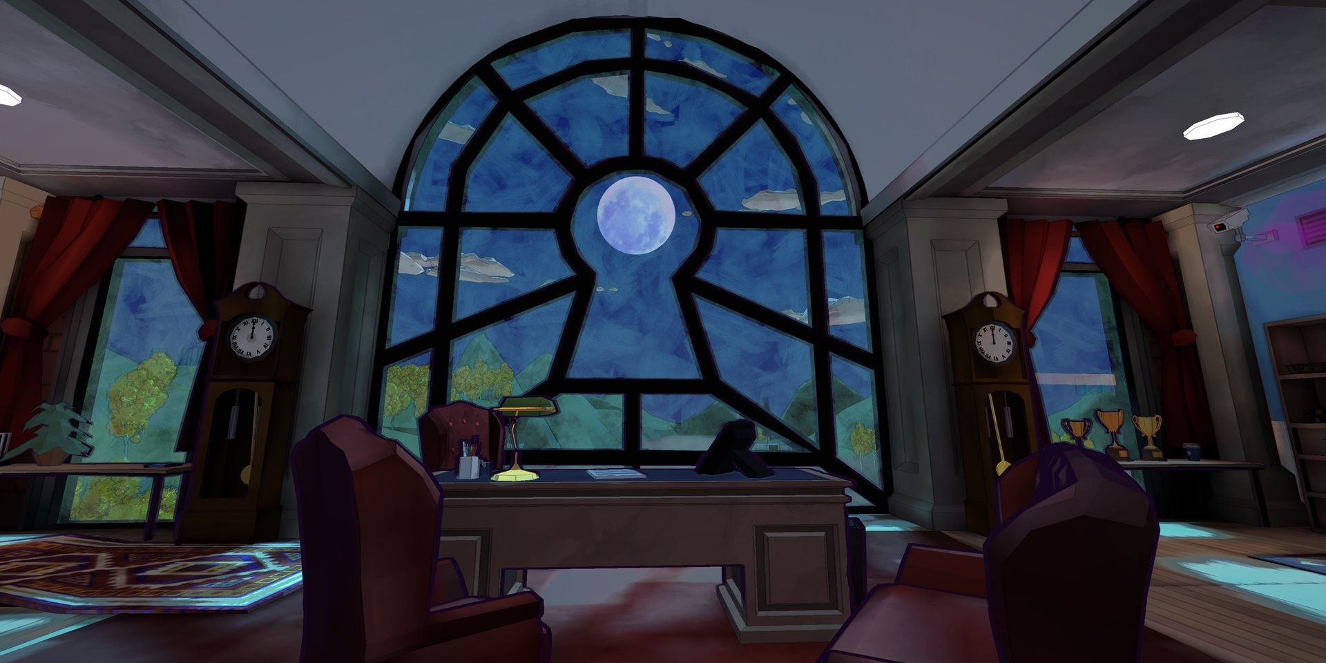 A window looking out into the night sky that has a keyhole shape in it in Escape Academy