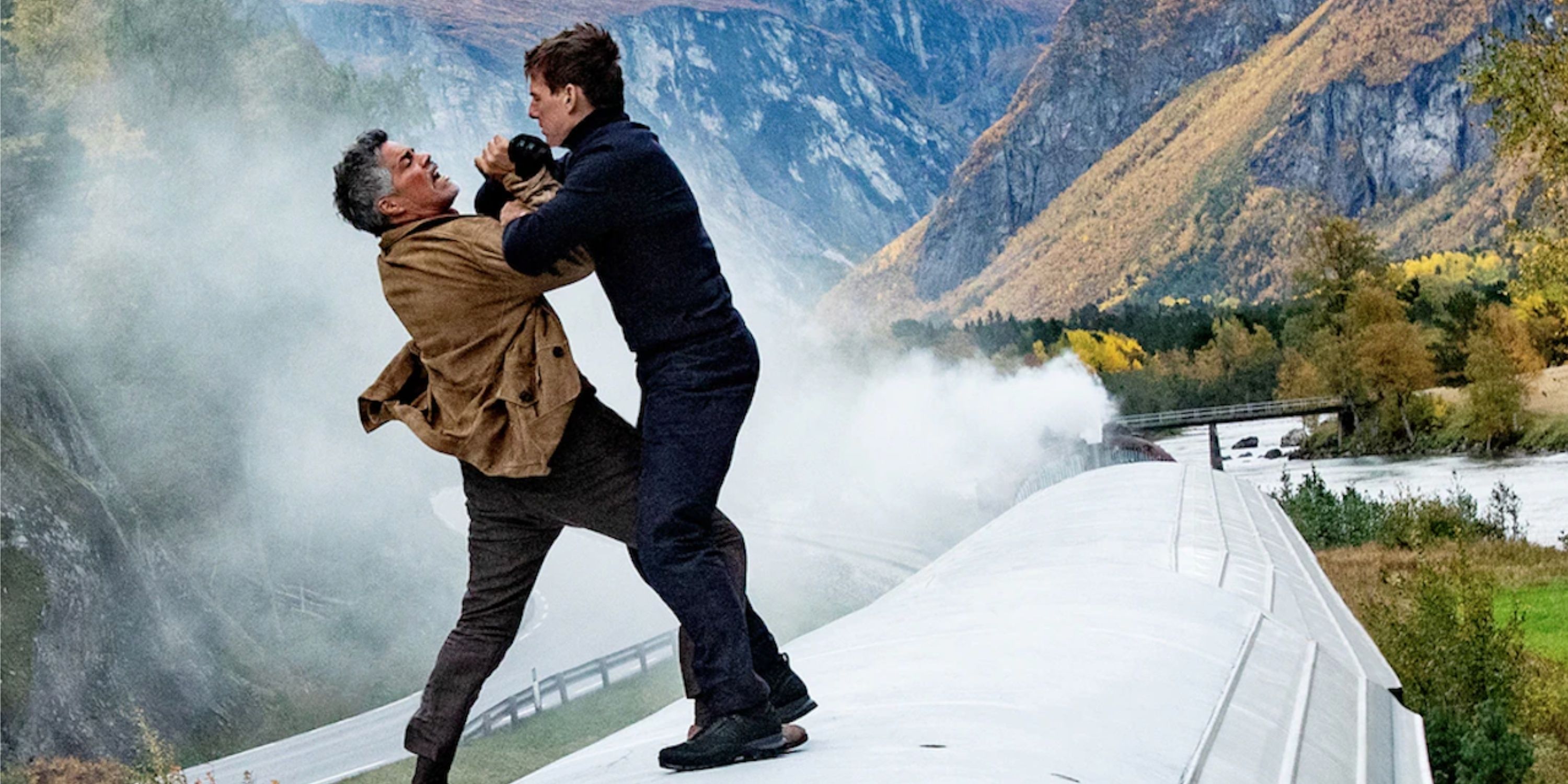 ethan hunt and gabriel fight on top of a train