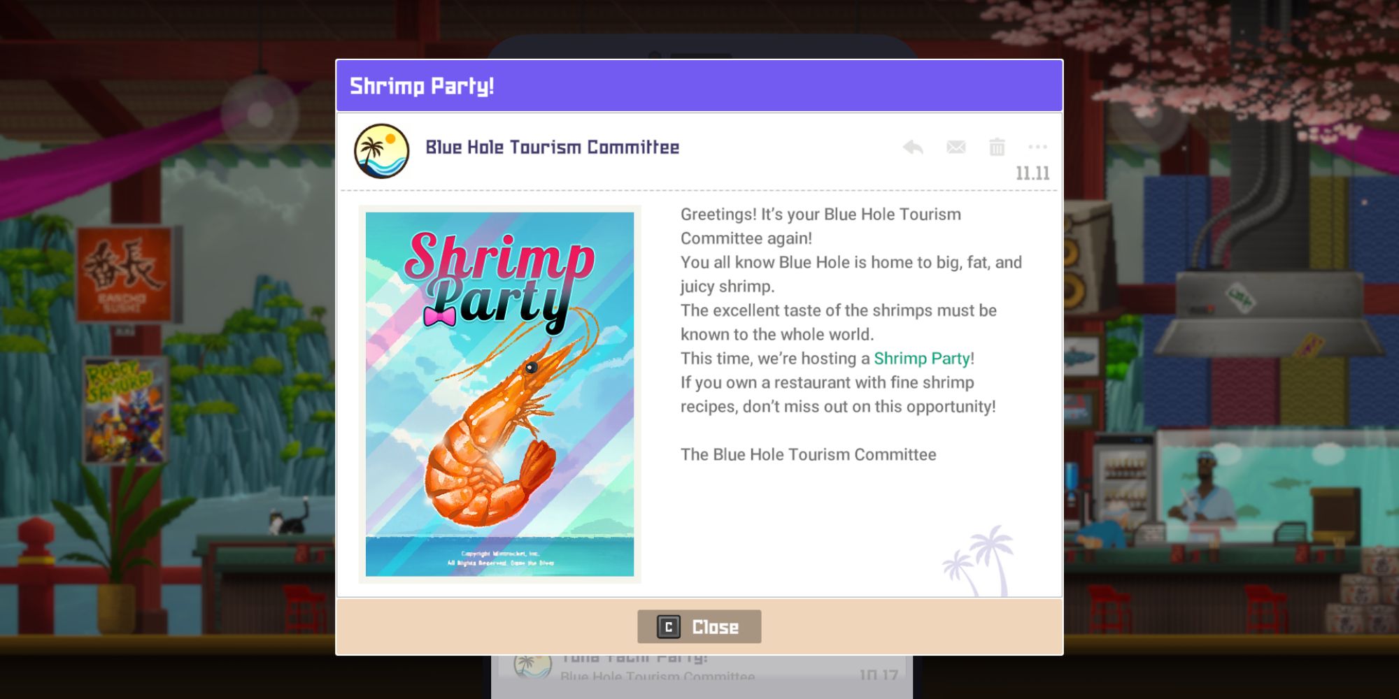 An email showing an upcoming Shrimp Party in Dave The Diver