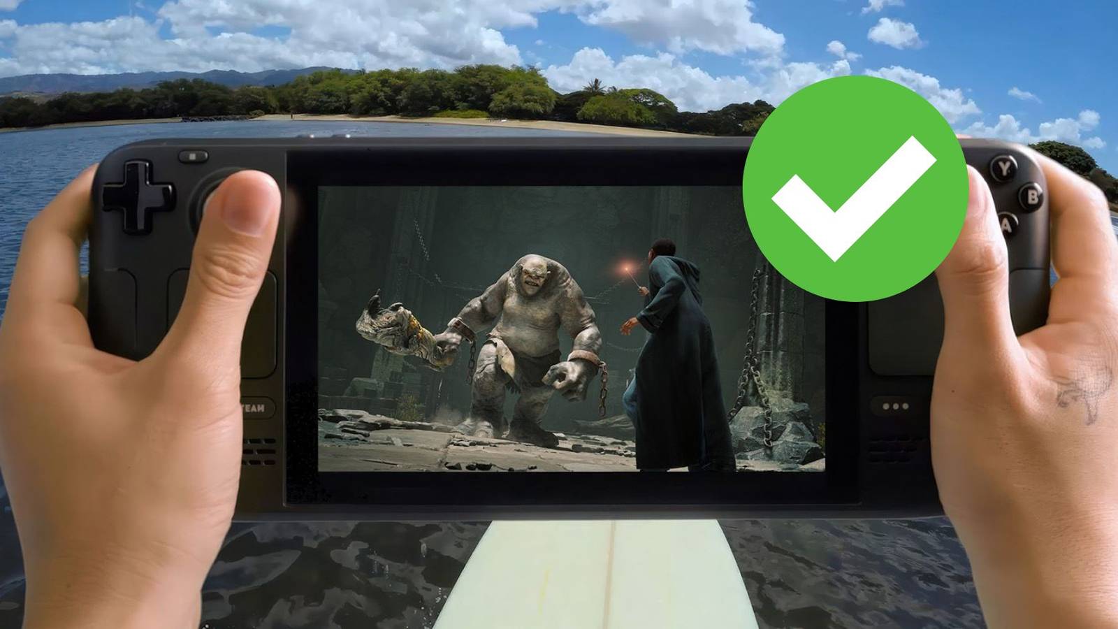 A picture of a Steam Deck with the Steam Deck Verified tick