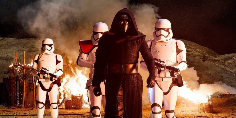 Kylo Ren with Stormtroopers in Star Wars: The Force Awakens