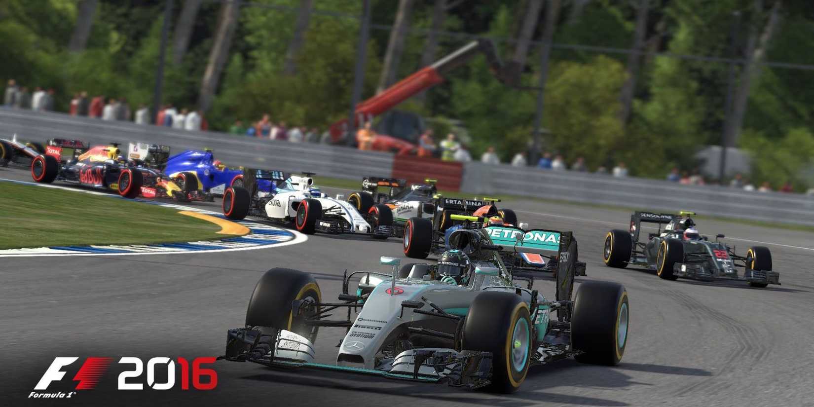 F1 2016 promo shot of cars turning around race track