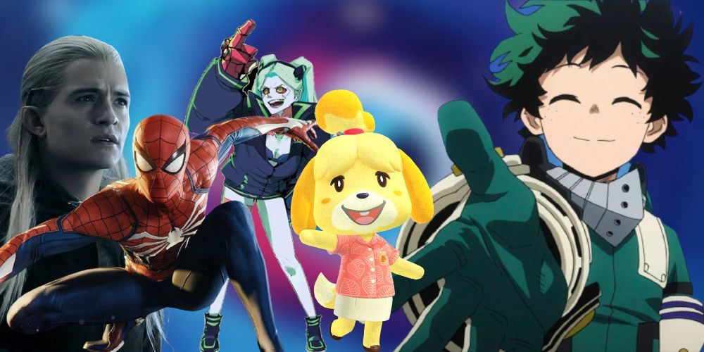 legolas, spiderman, rebecca from edgerunners, isabelle from animal crossing and deku in front of wormhole