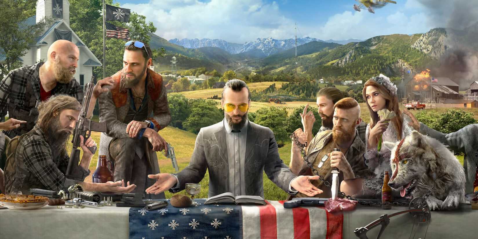 far cry 5 cover picture with all the antogonists sitting, reenacting "the last supper".
