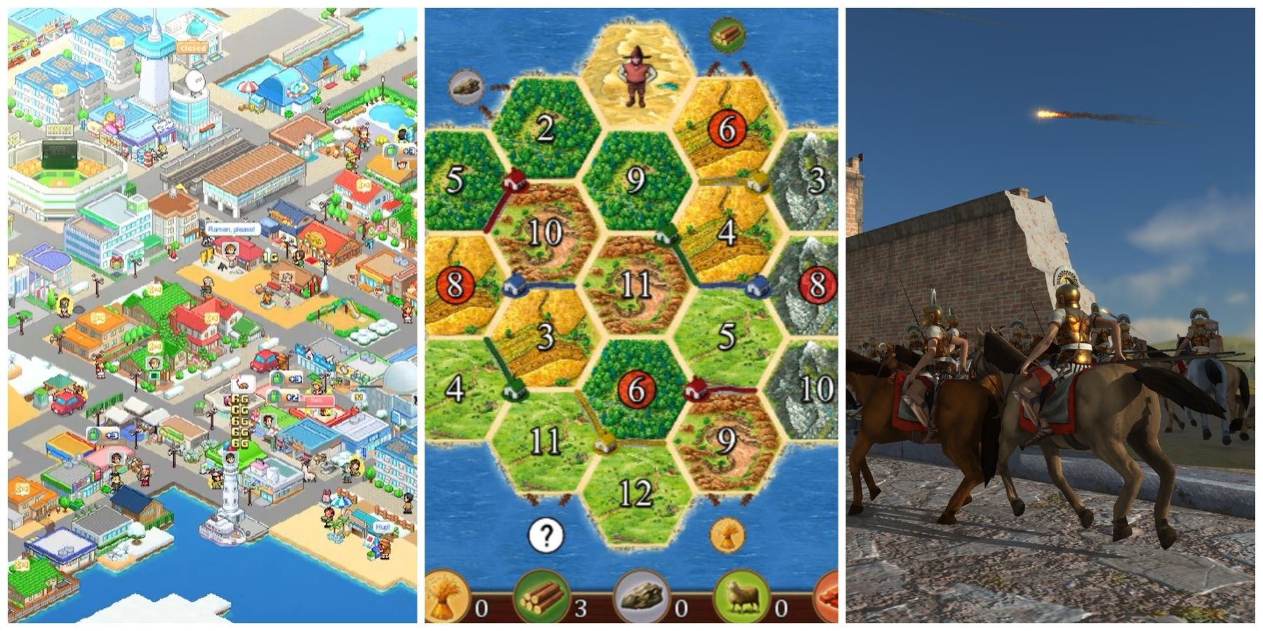 Featured image of mobile strategy games that aren't free-to-play like Dream Town Island, Catan Classic, and Rome: Total War