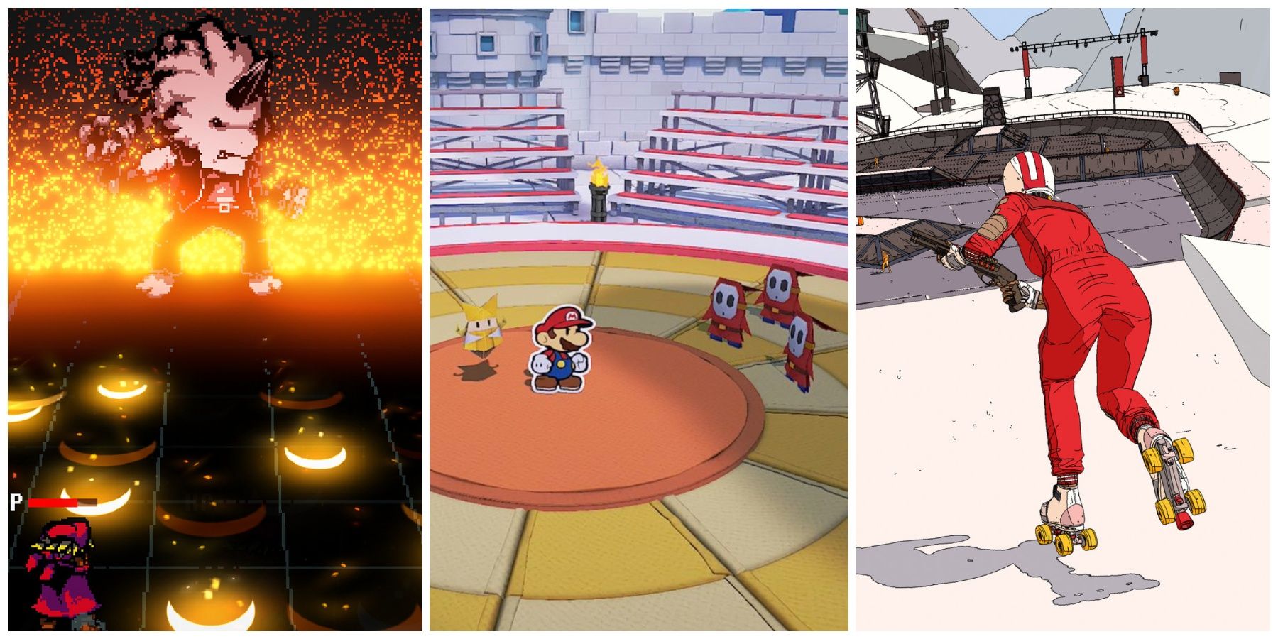 Featured image of games that have strange forms of combat, including Everhood, Paper Mario: The Origami King, and Rollerdrome