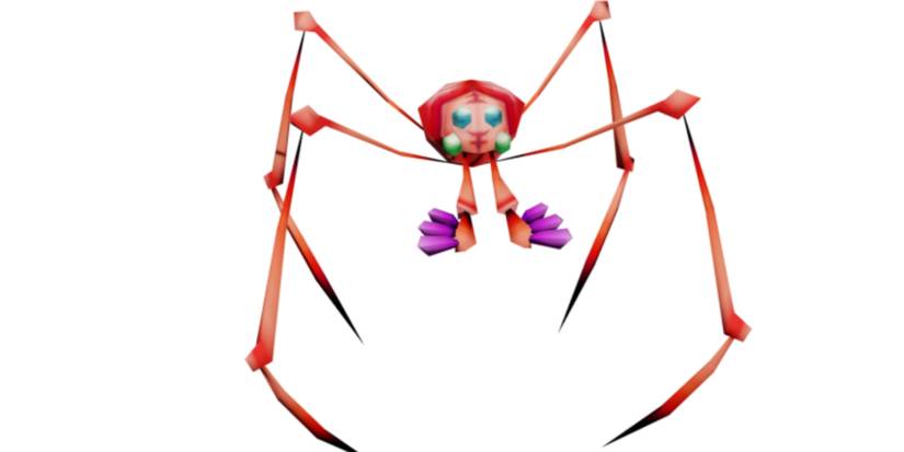 An image of Fiery Dweevil from Pikmin, an enemy with a spider-like appearance and purple fangs.