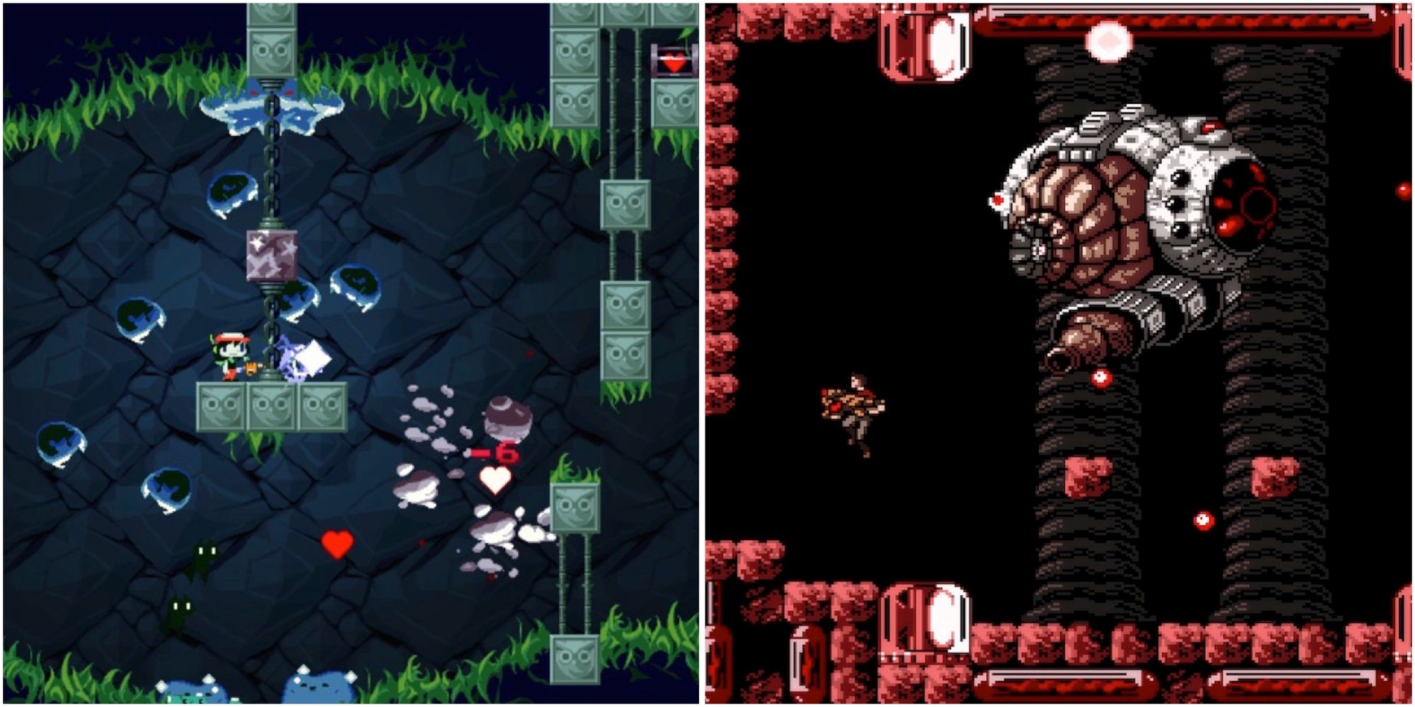 Fighting enemies in Cave Story and fighting a boss in Axiom Verge 1
