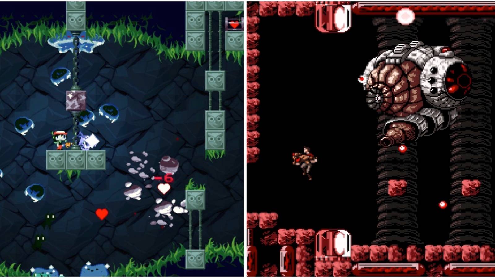 Fighting enemies in Cave Story and fighting a boss in Axiom Verge 1