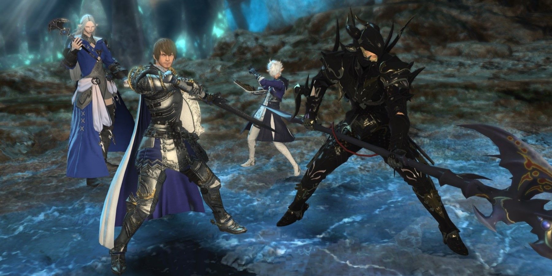 Four characters with weapons and armour stand ready to fight with blue lightning at their feet 