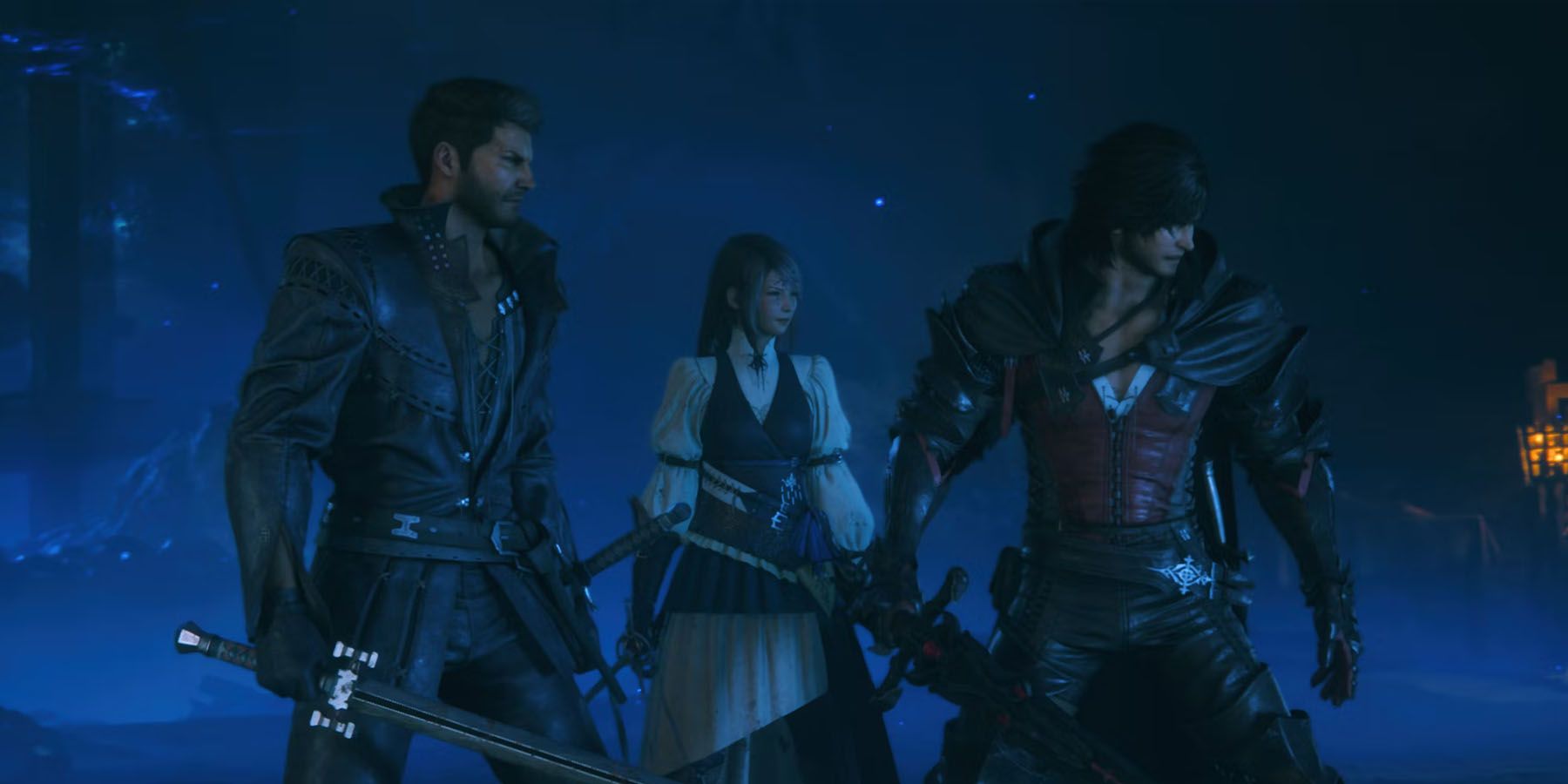 A screenshot of Clive, Jill and Cid in a dark blue chamber in Final Fantasy 16.