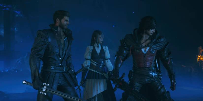 A screenshot of Clive, Jill and Cid in a dark blue chamber in Final Fantasy 16.