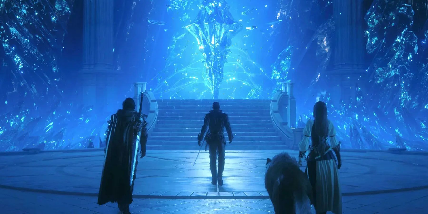 A screenshot of Clive, Cid, Jill, and Torgal approaching a glowing blue Mothercrystal in Final Fantasy 16.