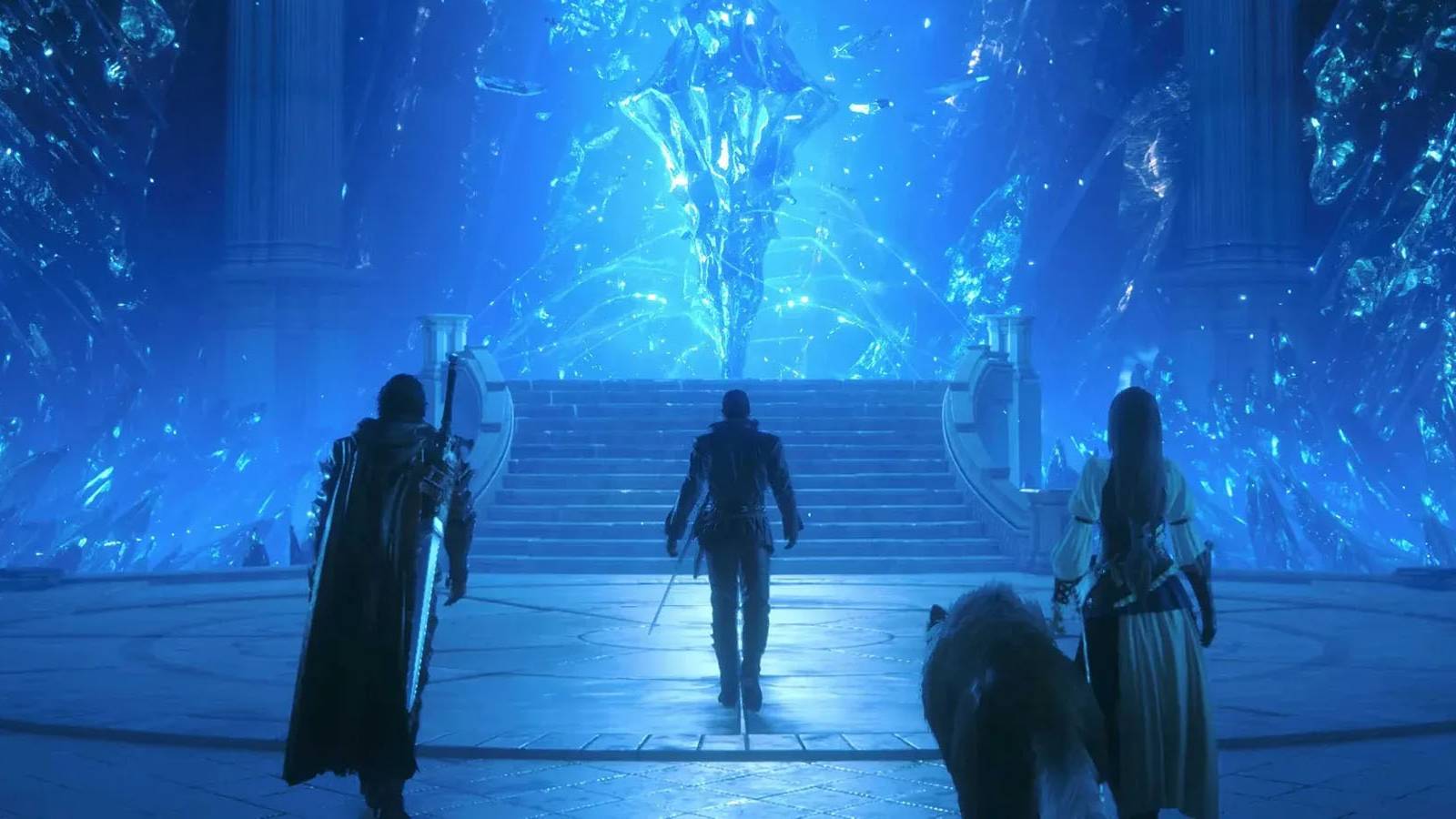 A screenshot of Clive, Cid, Jill, and Torgal approaching a glowing blue Mothercrystal in Final Fantasy 16.